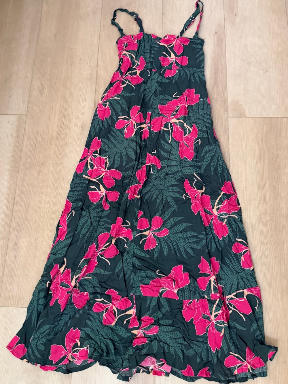 Yireh Women’s Dark Green Floral Maxi Skirt with Pink Print